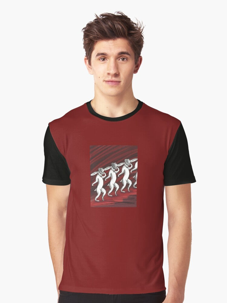 A graphic t-shirt featuring a receding hare line design with a rabbit or bunny wearing a fedora and doing the moonwalk. - Men