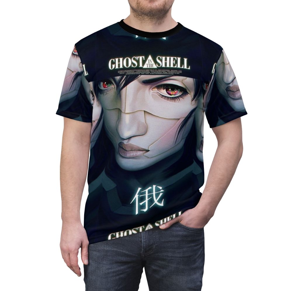 Stylized cyberpunk t-shirt design featuring elements from the anime classic Ghost in the Shell. - men front