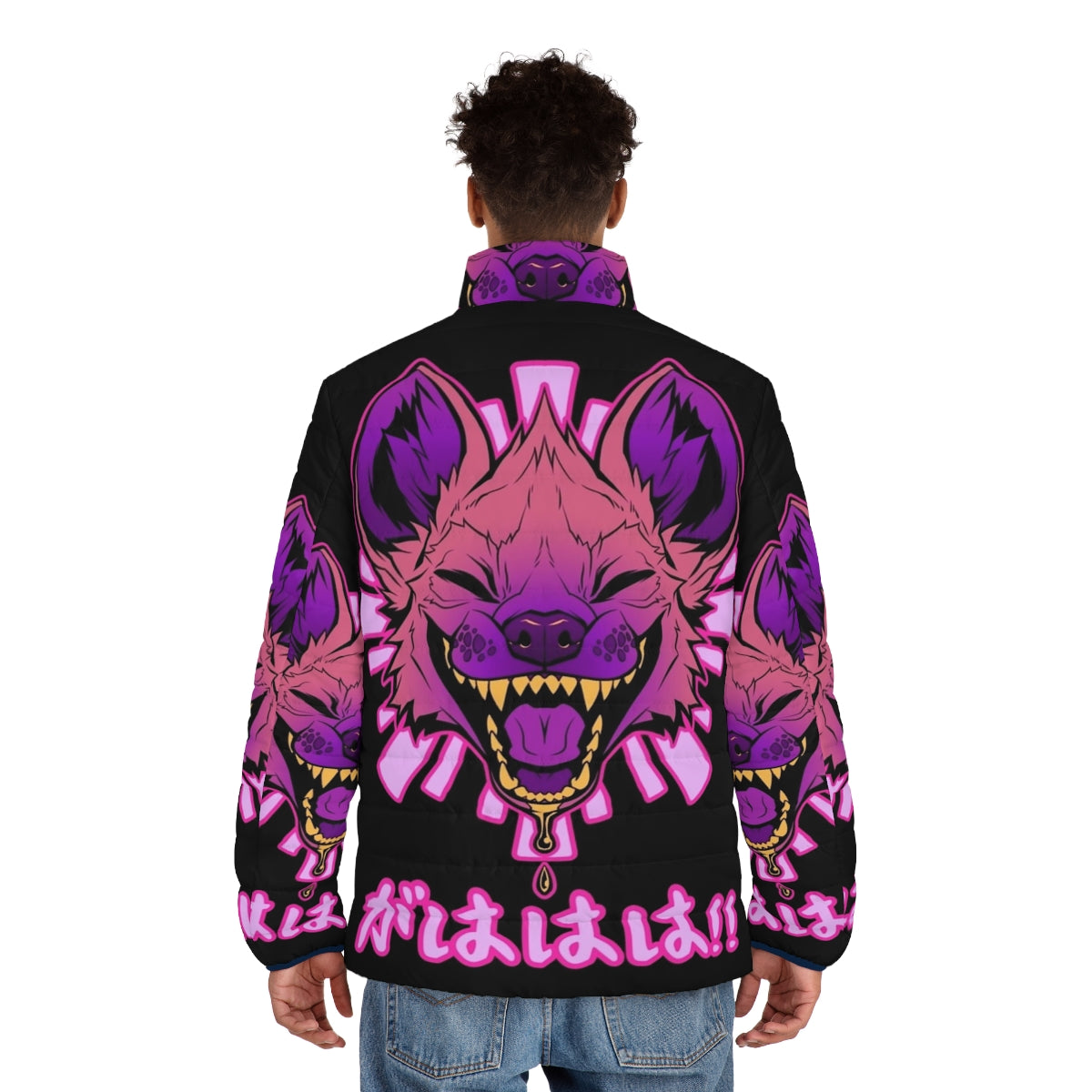 Hyena puffer jacket with adorable Japanese and vaporwave design - men back