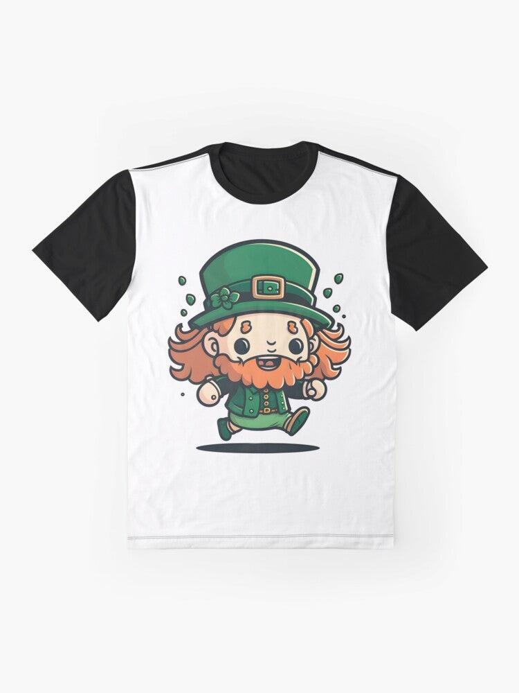 A happy leprechaun wearing a green hat and bow tie on a graphic t-shirt design - Flat lay