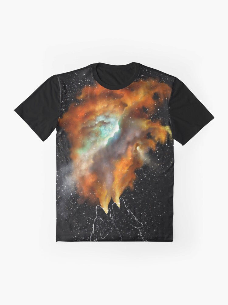 Graphic t-shirt featuring a design of wolves and stars in a cosmic, galaxy-inspired pattern. - Flat lay