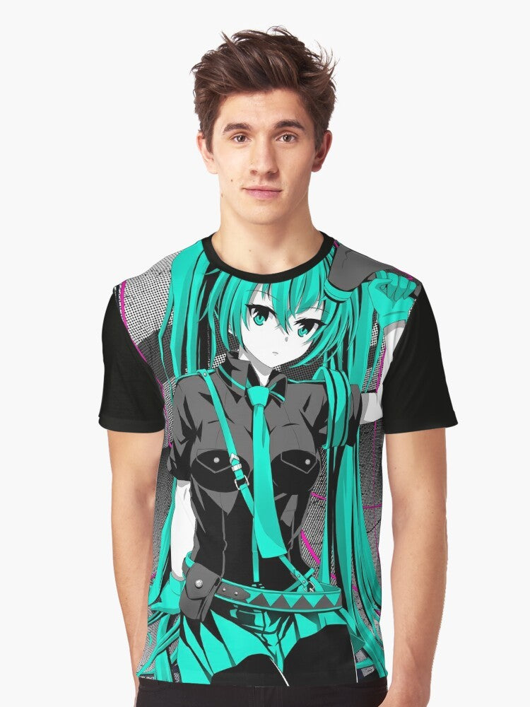 Hatsune Miku anime girl character in "Love is War" tri-tone graphic design on a t-shirt - Men