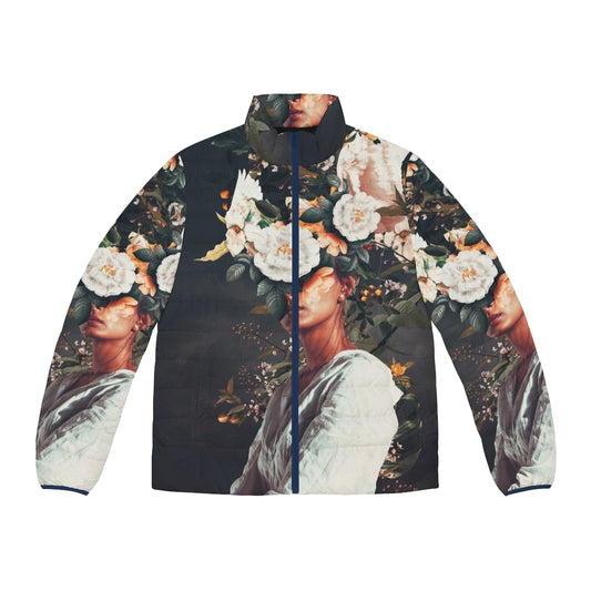 Botanical floral puffer jacket featuring a surreal, vintage-inspired portrait of a woman