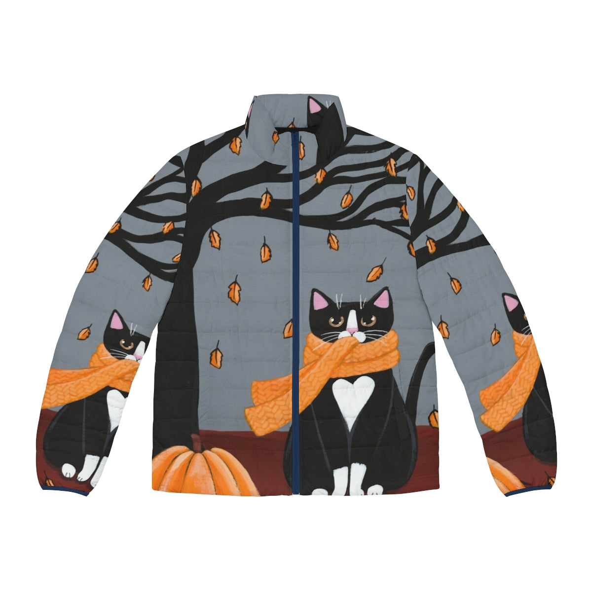 Autumn tuxedo cat wearing a puffer jacket