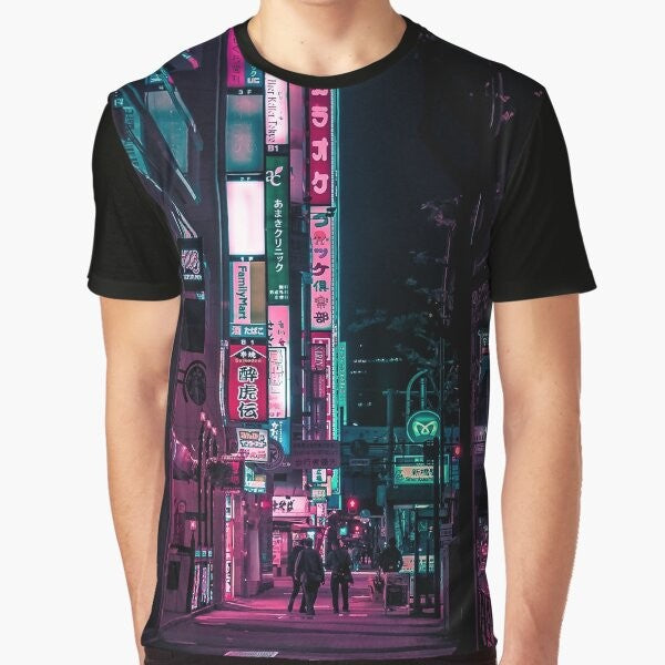 Futuristic graphic t-shirt featuring a cyberpunk inspired design with neon lights, alleys, and cityscapes from Japan.