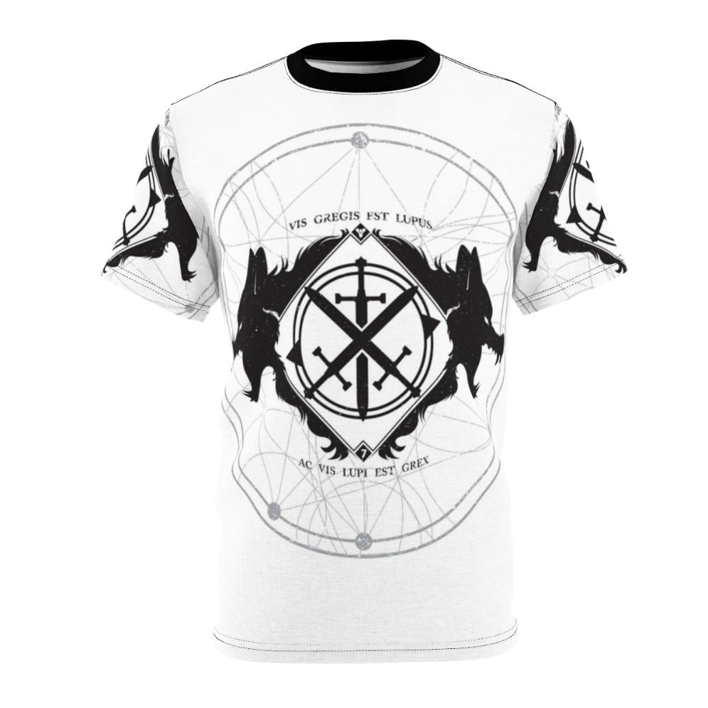 Fierce wolf design on a black and white all-over print t-shirt