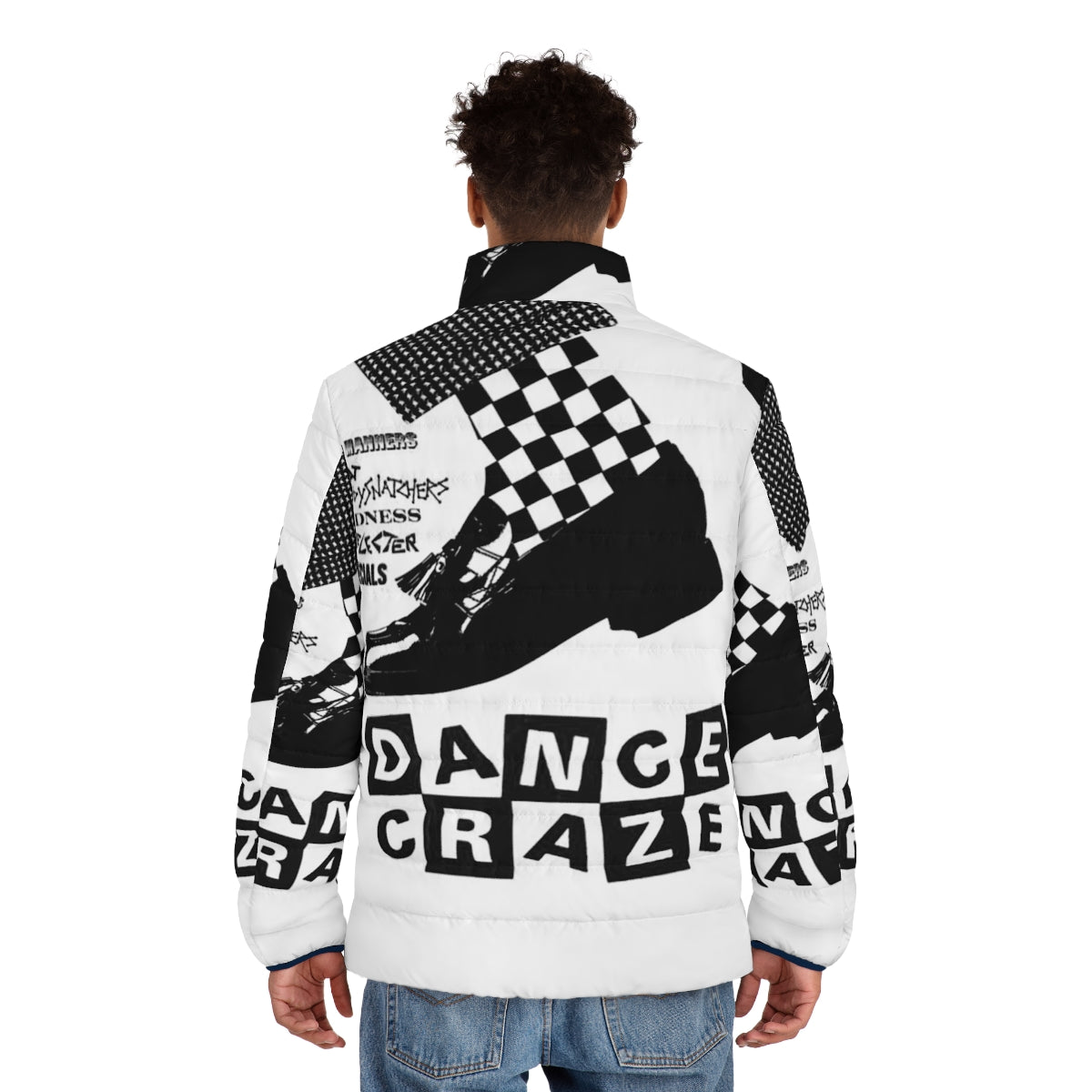 Stylish ska dance puffer jacket featuring reggae and mod inspired graphics - men back