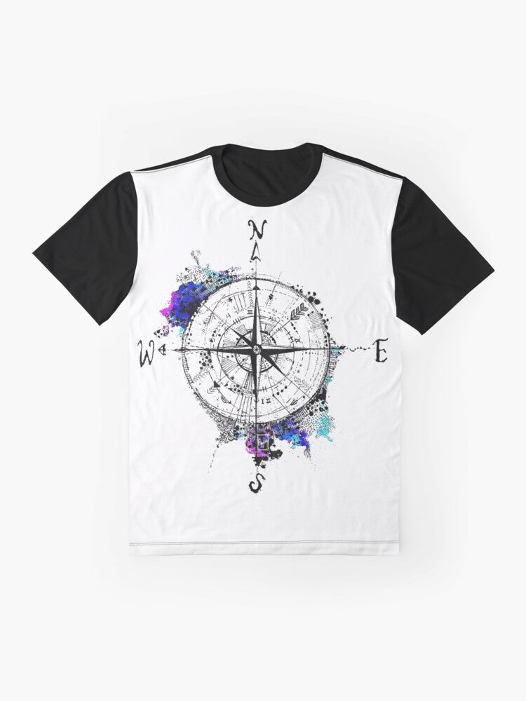 "Not All Those Who Wander Are Lost" graphic t-shirt design with a watercolor compass, sketch, and wanderlust theme - Flat lay