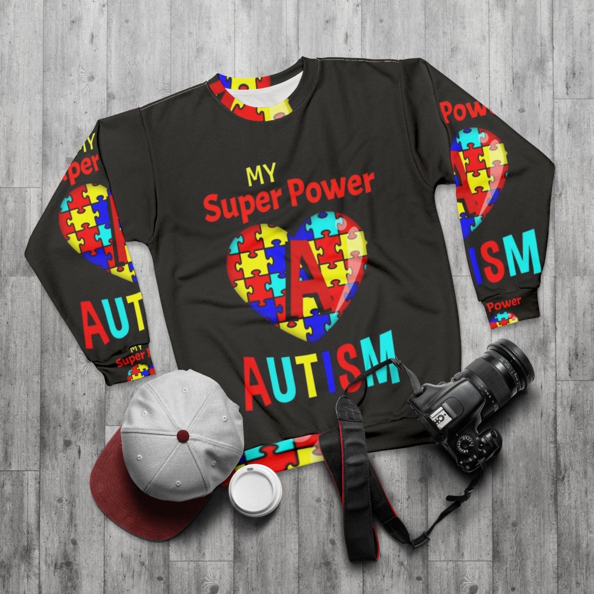 Autism Awareness Sweatshirt with Superhero Design - flat lay