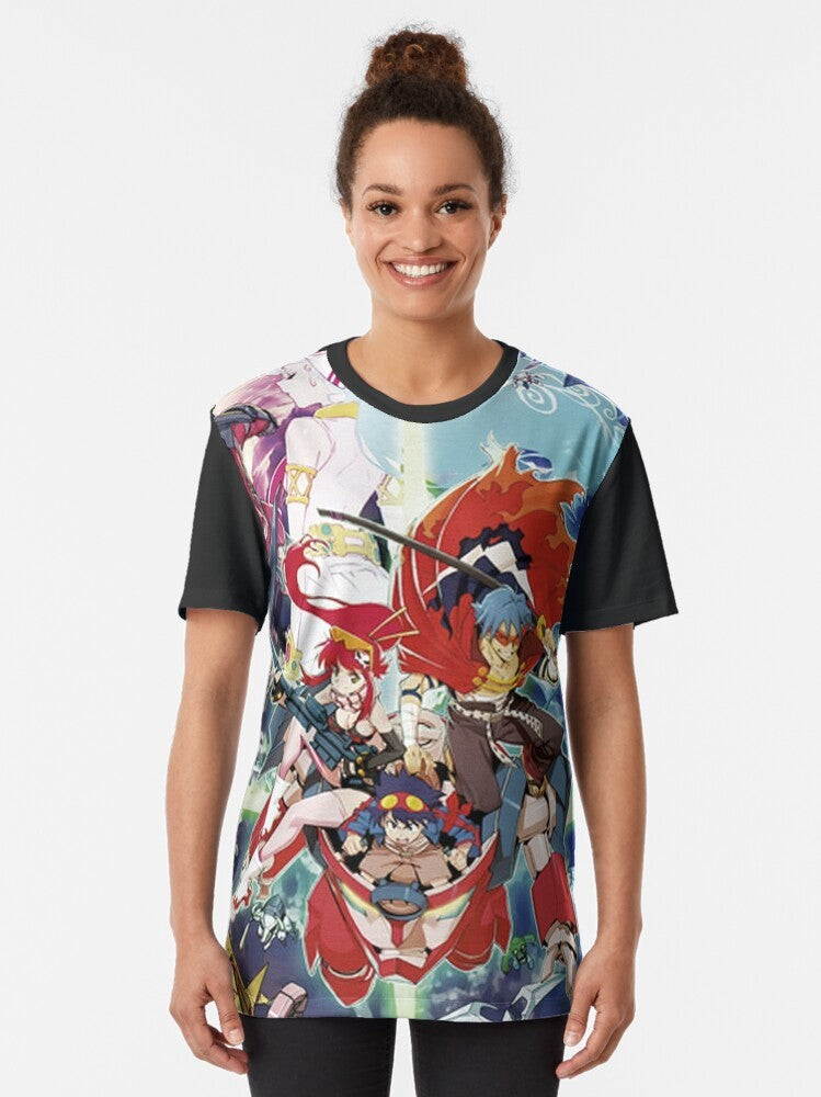 Tengen Toppa Gurren Lagann anime-inspired graphic t-shirt featuring characters like Kamina, Yoko Littner, and Nia Teppelin. - Women