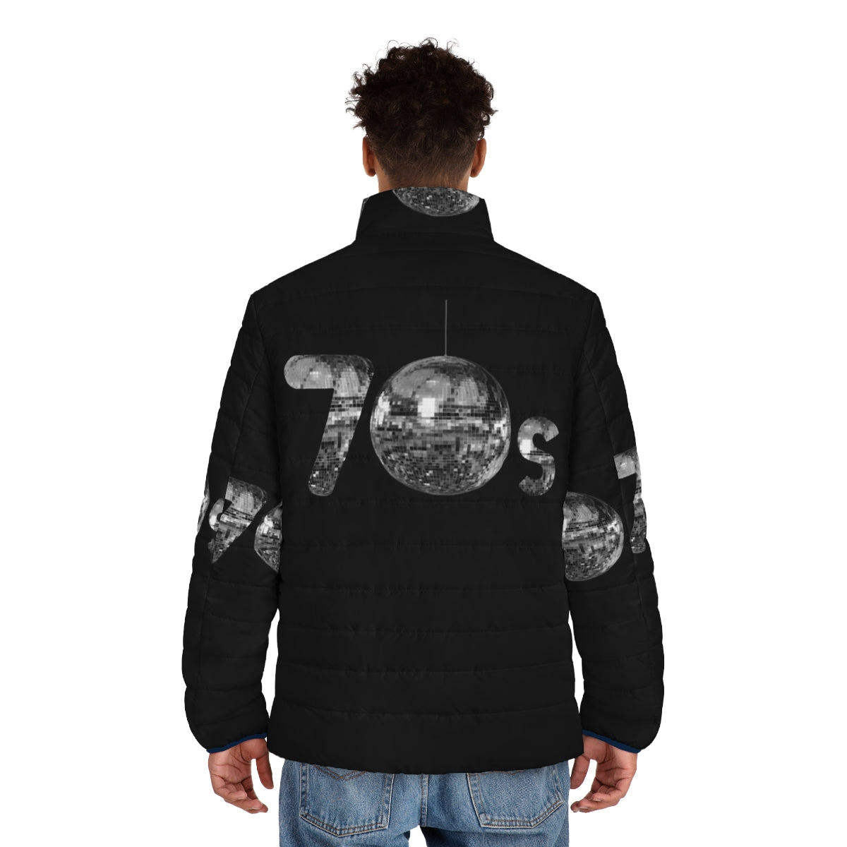 Silver puffer jacket with disco ball graphic, perfect for 70s themed events - men back