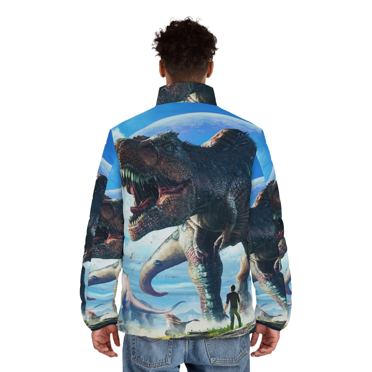 Ark Survival Evolved T-Rex Puffer Jacket featuring dinosaur graphics and outdoor-inspired design - men back