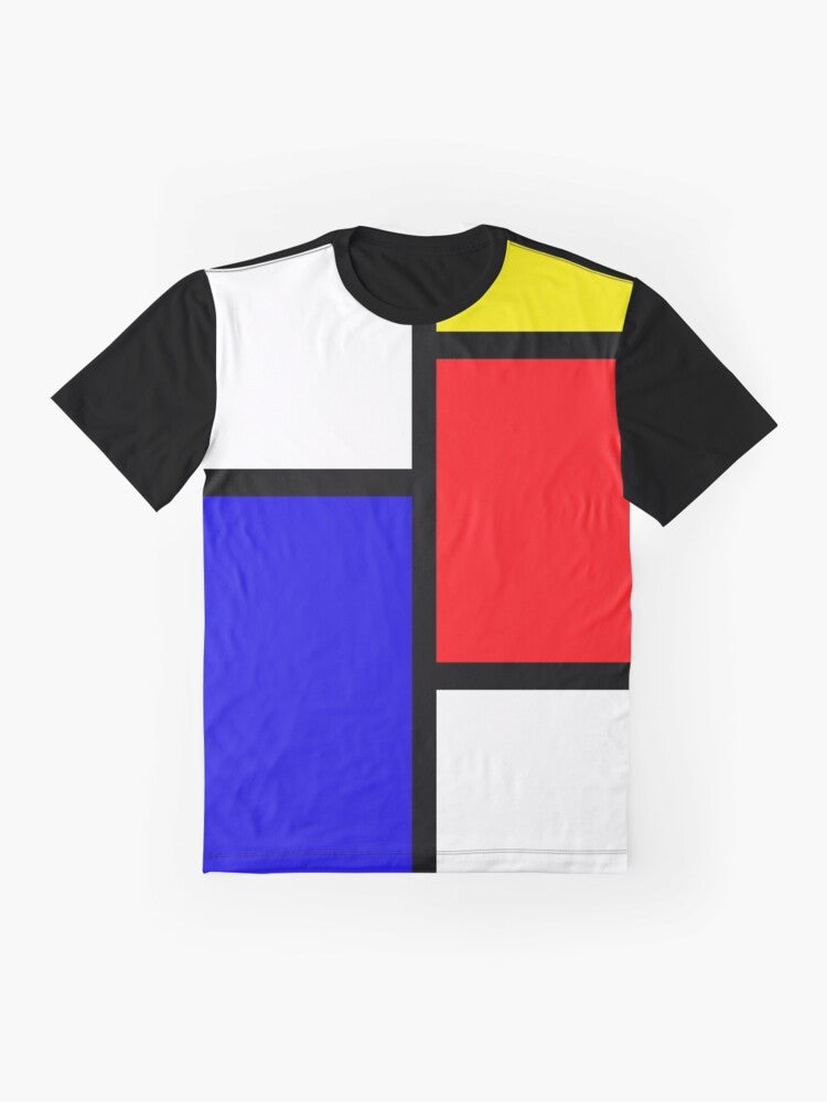 Mondrian-inspired geometric graphic t-shirt with primary colors of red, blue, and yellow - Flat lay