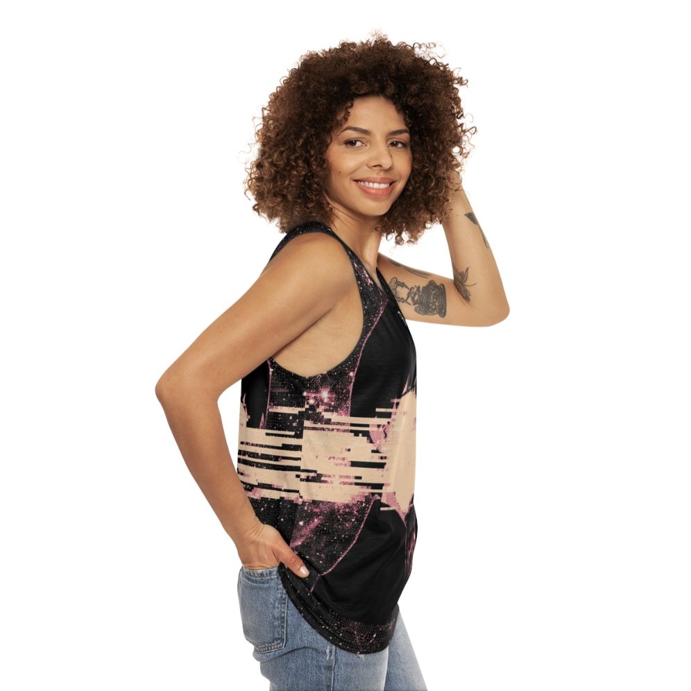 Cosmic unisex tank top with space, glitch and pixel art design - women side