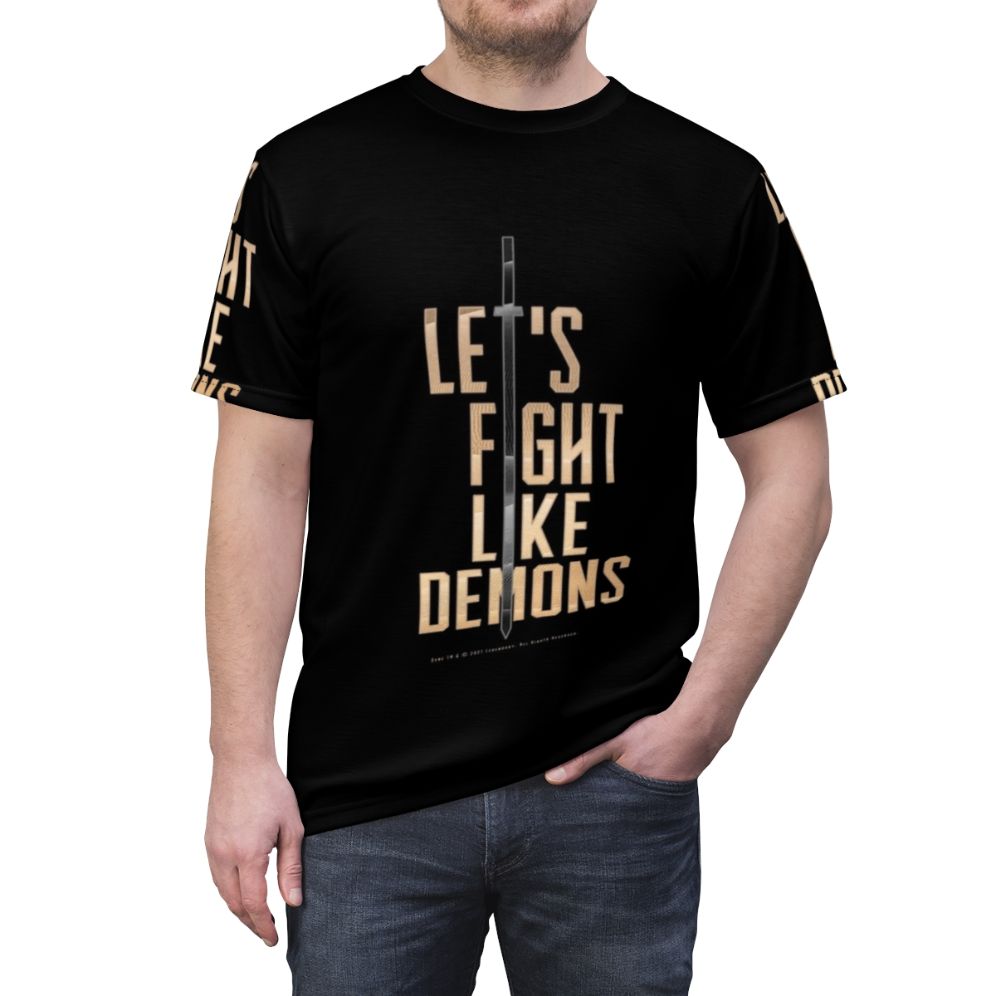 Dune inspired science fiction t-shirt with a fight like demons graphic - men front