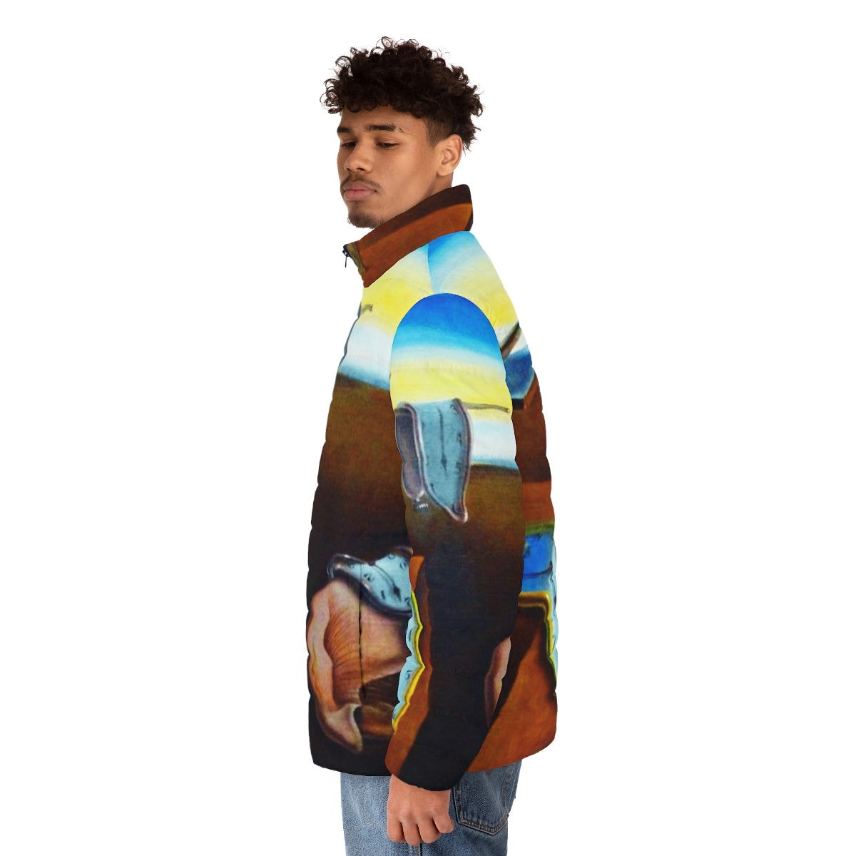 Salvador Dali's iconic 'The Persistence of Memory' painting featured on a cozy puffer jacket - men side left