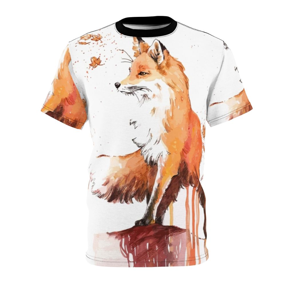 Artfully designed fox t-shirt featuring a vibrant, realistic fox illustration in an autumnal nature setting