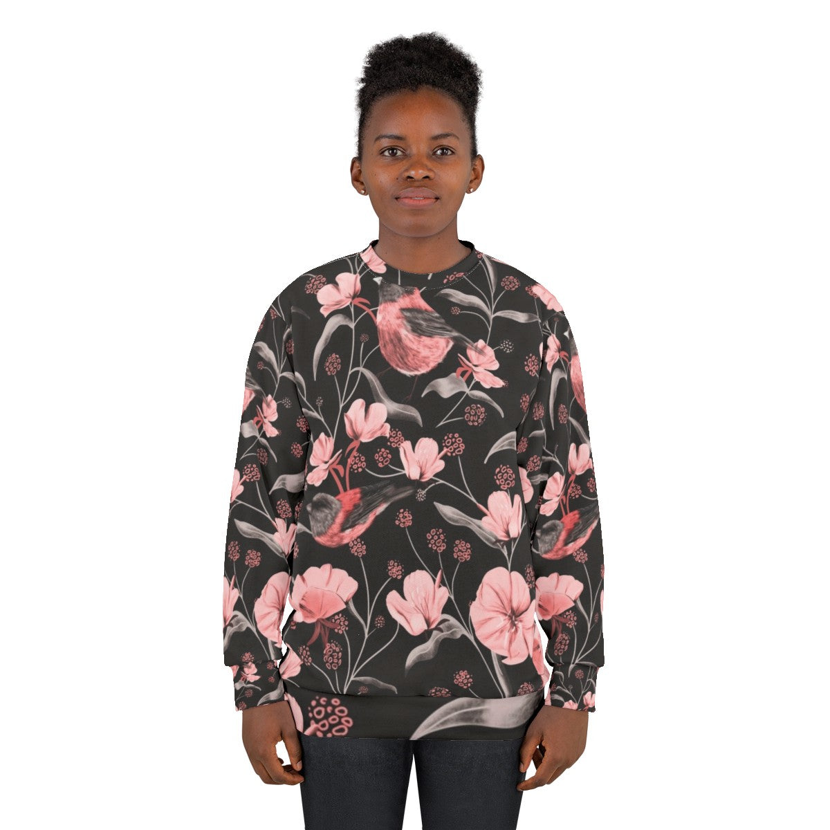 Pink birds and flowers botanical design on a sweatshirt - women