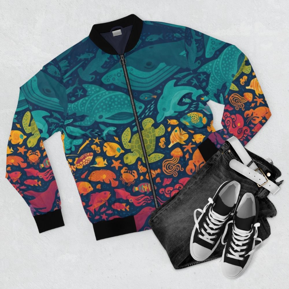 Aquatic Spectrum Sea Creatures Bomber Jacket with colorful ocean-themed graphics - Flat lay