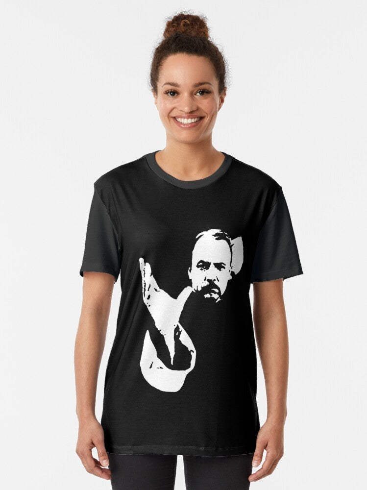 Graphic t-shirt featuring Jonathan Quayle Higgins III from the 70s/80s TV series Magnum P.I. - Women