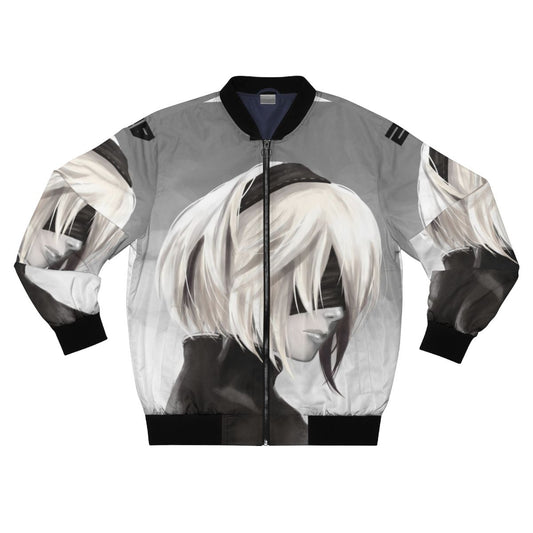 Nier Automata 2B Bomber Jacket with digital illustration of 2B character and unicorn design