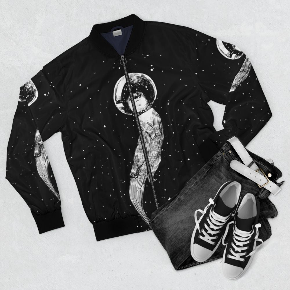 Otter floating in space on a bomber jacket design - Flat lay