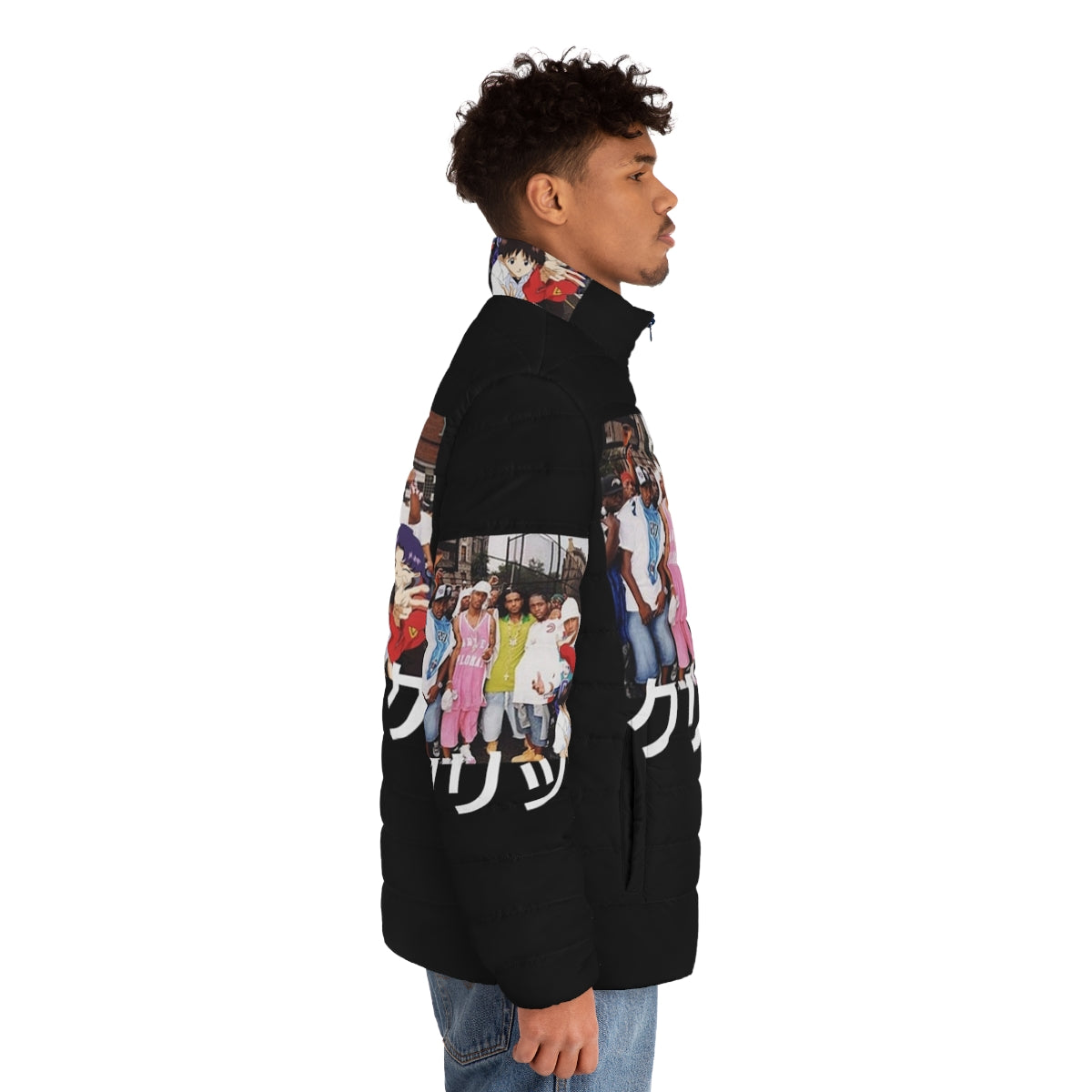 Evangelion x Dipset x Clique Puffer Jacket with anime and hip-hop graphics - men side right