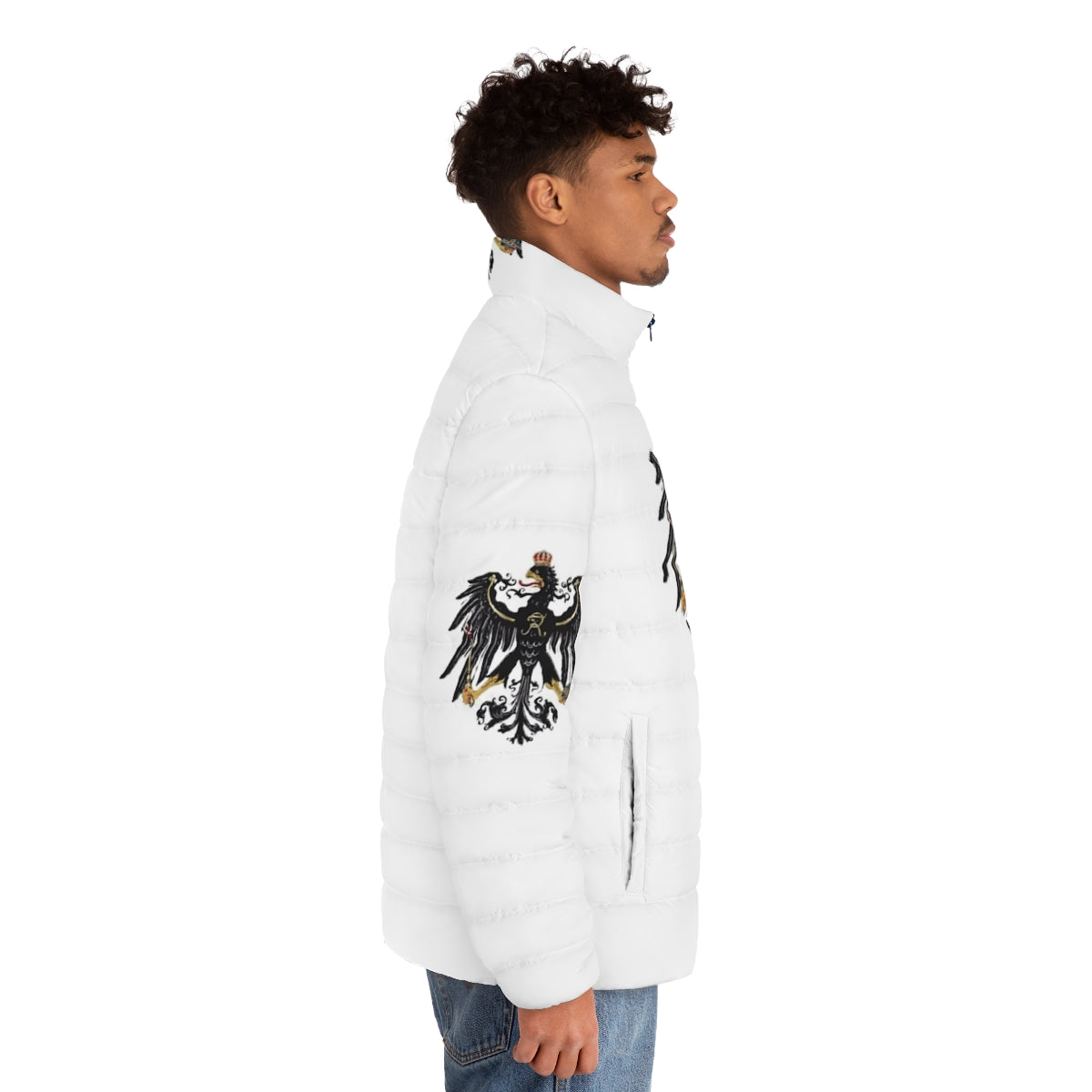 Prussian-inspired puffer jacket with historical emblem and crest - men side right