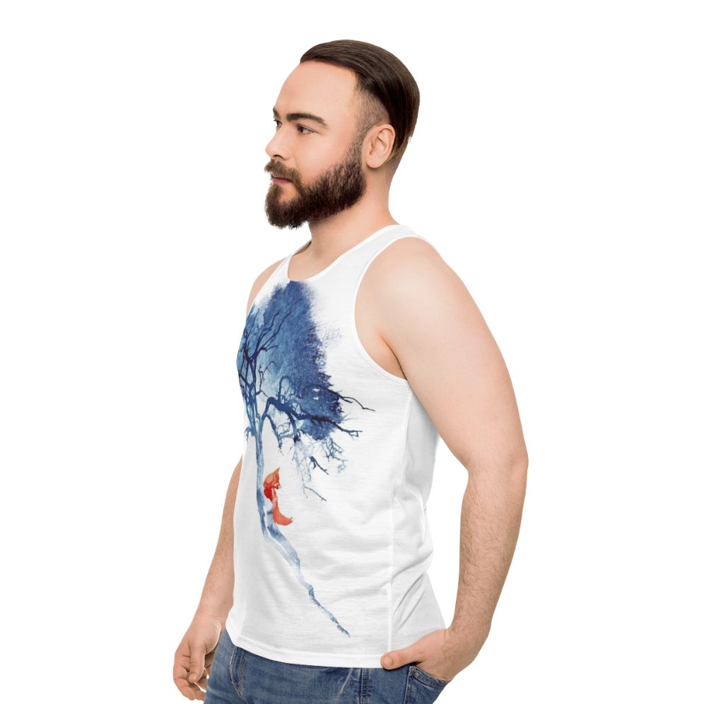 Unisex tank top with a vibrant watercolor design of a fox and tree in nature - men side