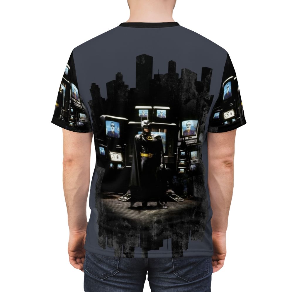 A stylish t-shirt featuring the iconic silhouette of the Dark Knight against a cityscape - men back