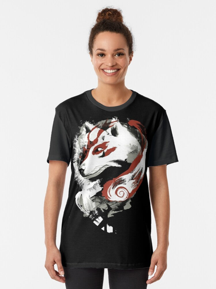 Wolf graphic design on a t-shirt with a retro, painterly style inspired by the video game Okami - Women