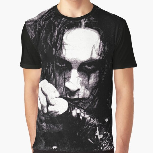 Eric Draven from The Crow movie, wearing a graphic t-shirt with the crow logo