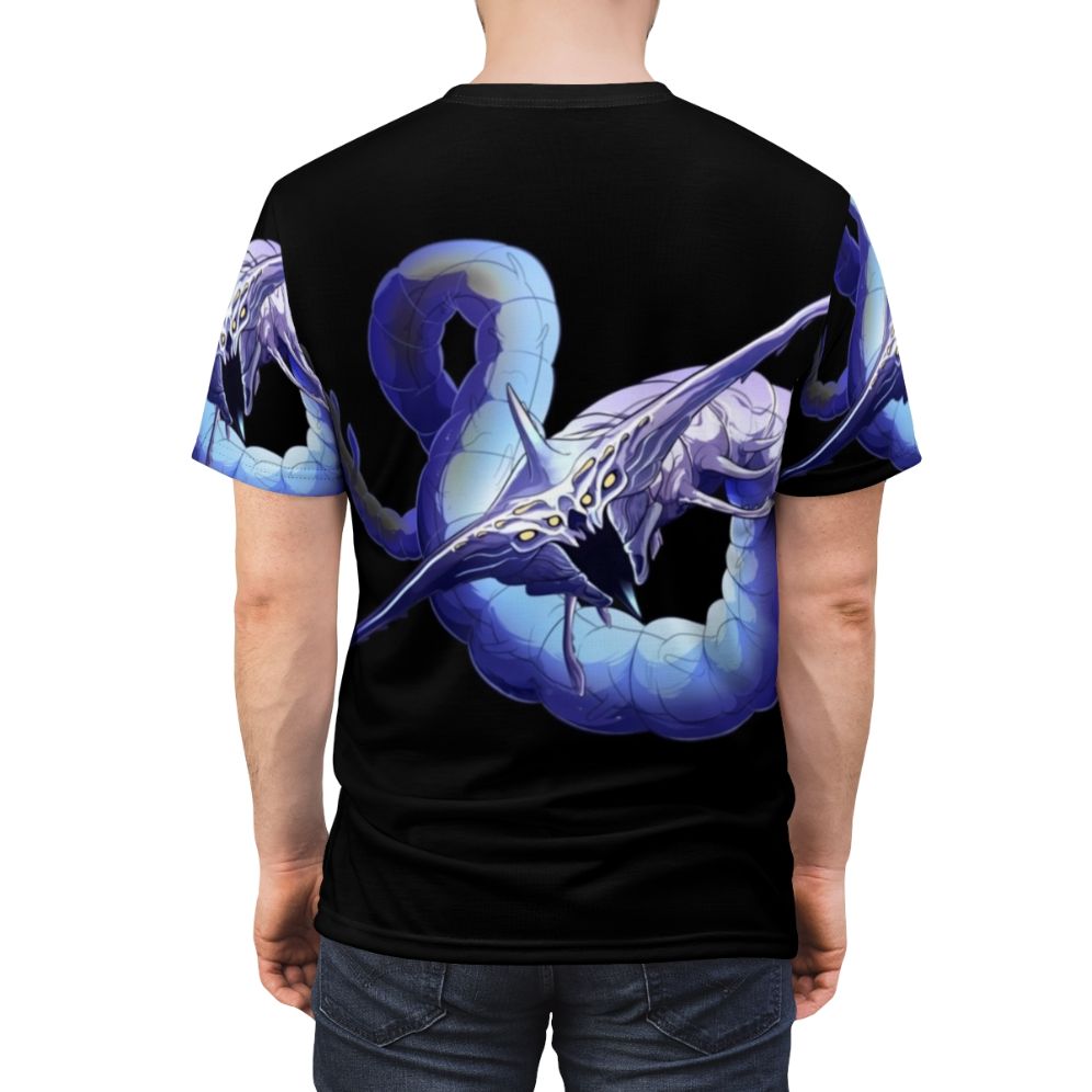 A T-shirt design featuring the fearsome Ghost Leviathan from the sci-fi game Subnautica. - men back