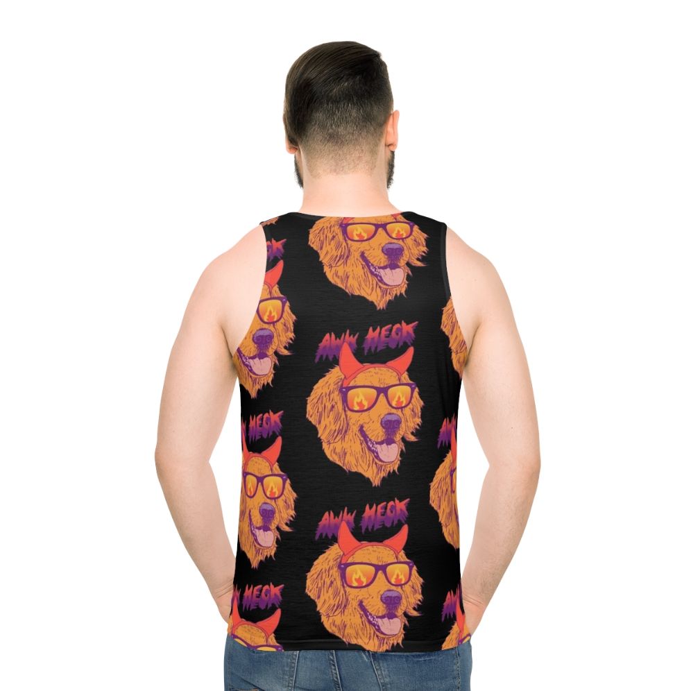 Golden retriever puppy wearing sunglasses and devil horns on a retro-style tank top - men back