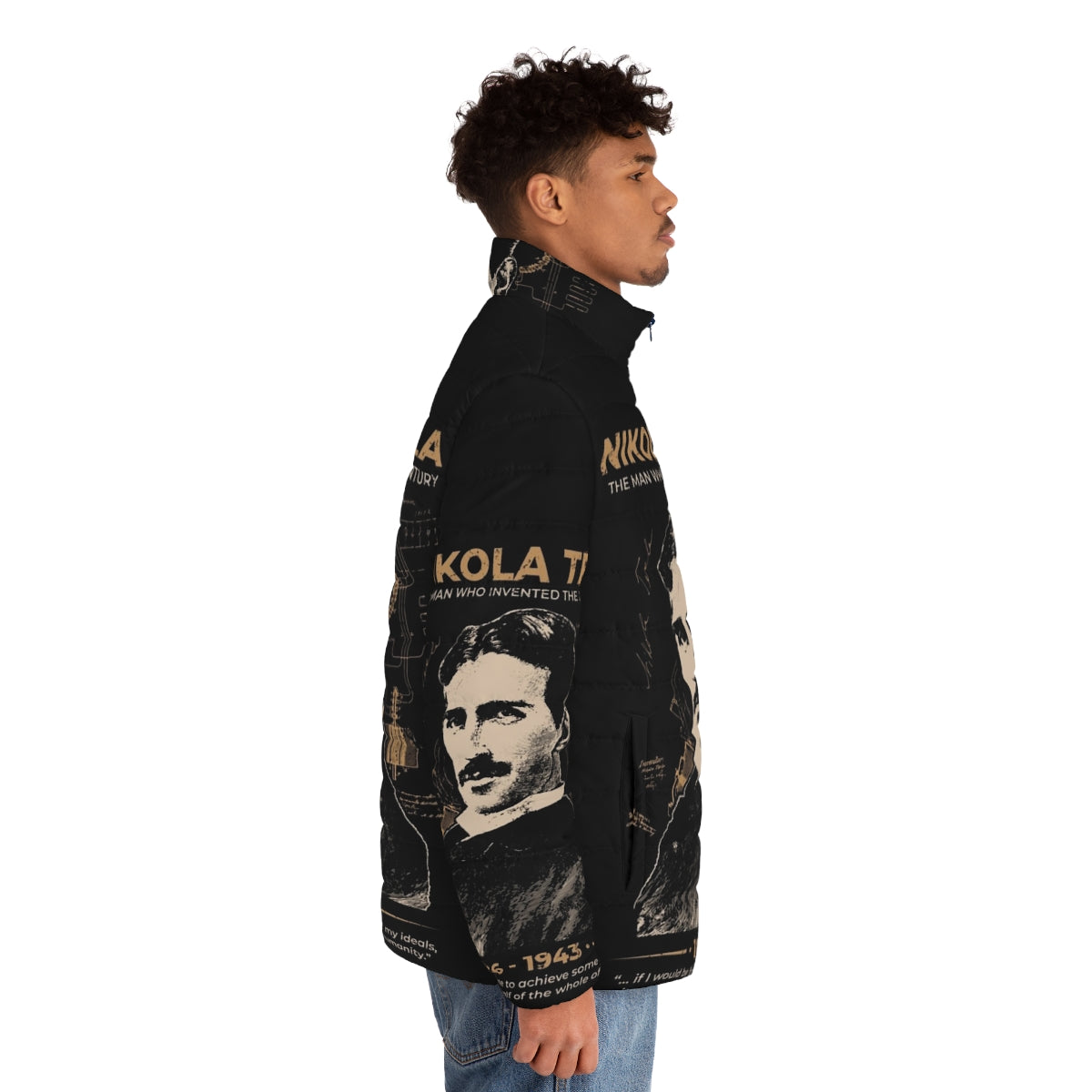 Nikola Tesla inspired puffer jacket featuring his iconic portrait and quotes - men side right