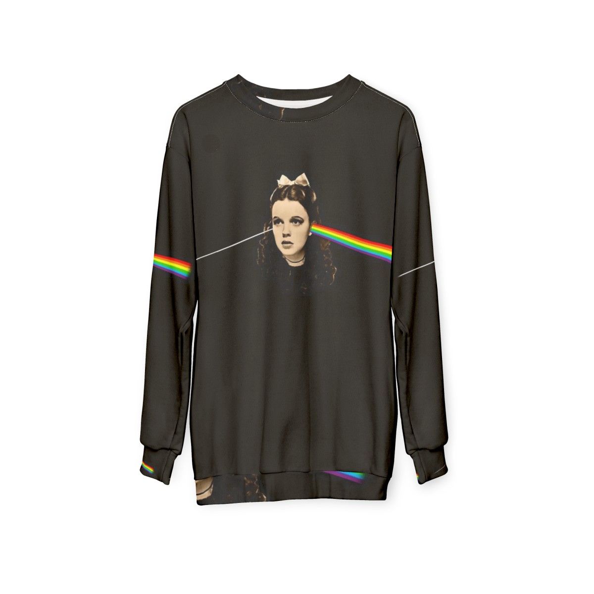 Dark Side of the Rainbow Sweatshirt featuring Wizard of Oz characters and Pink Floyd logo - hanging