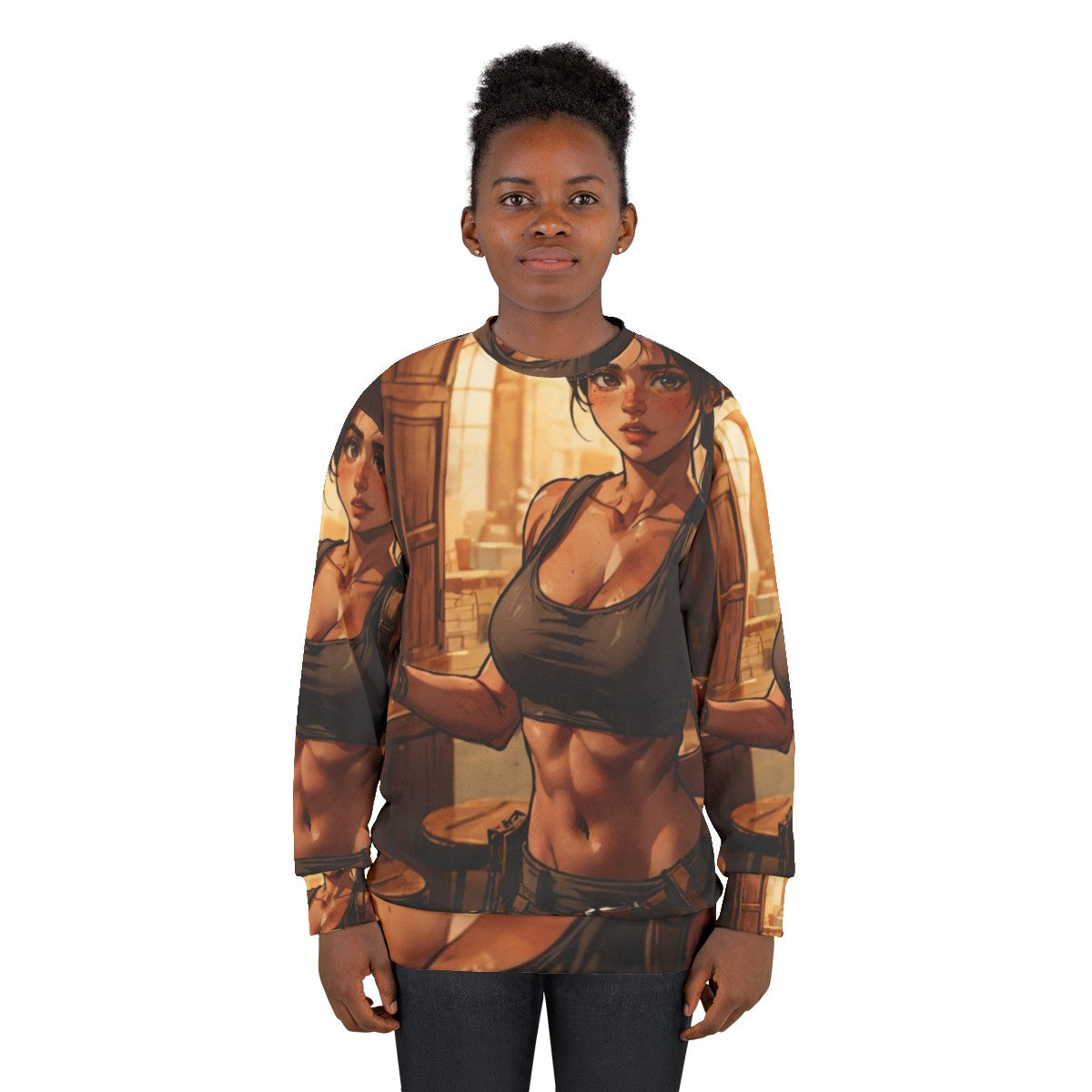 Young Lara Croft-inspired sweatshirt design - women