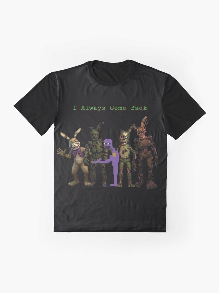 Five Nights at Freddy's "I ALWAYS COME BACK" graphic t-shirt featuring William Afton, Springtrap, and other characters from the FNAF video game saga. - Flat lay