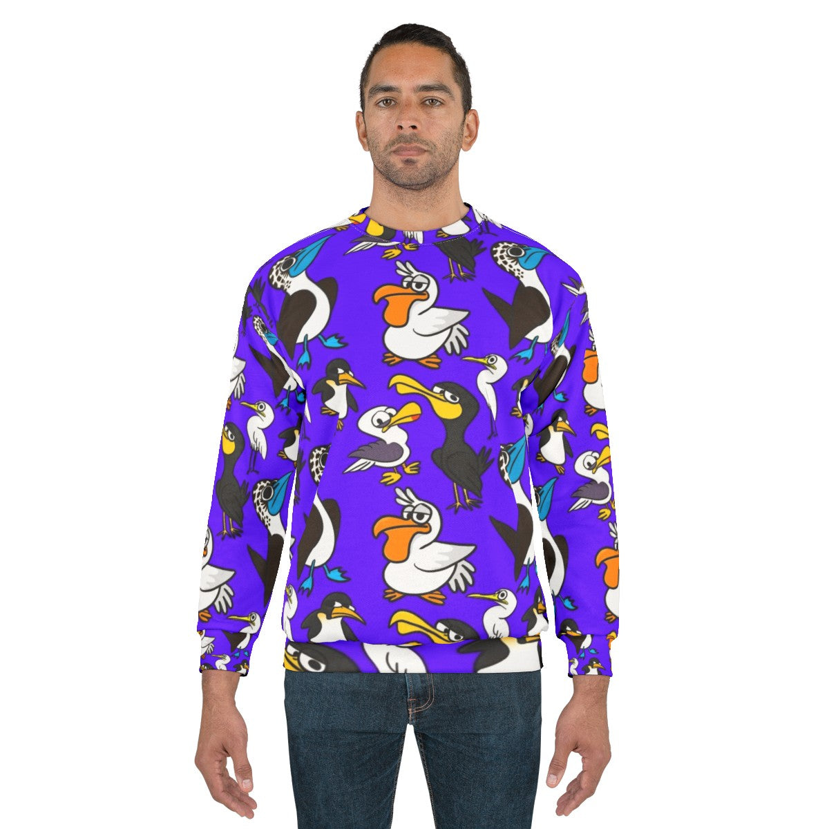 Cartoon seabird flock sweatshirt with vibrant ocean wildlife pattern - men