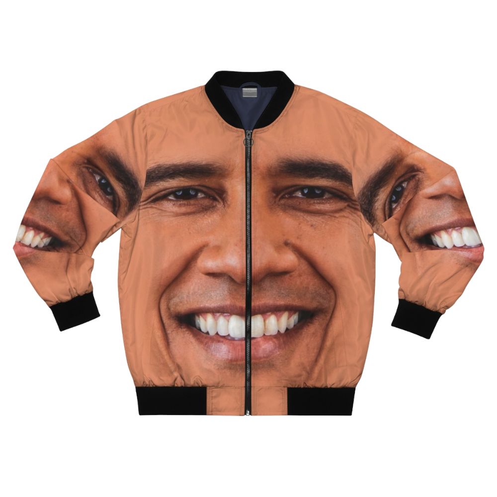 Obama-inspired bomber jacket with American flag and political graphics