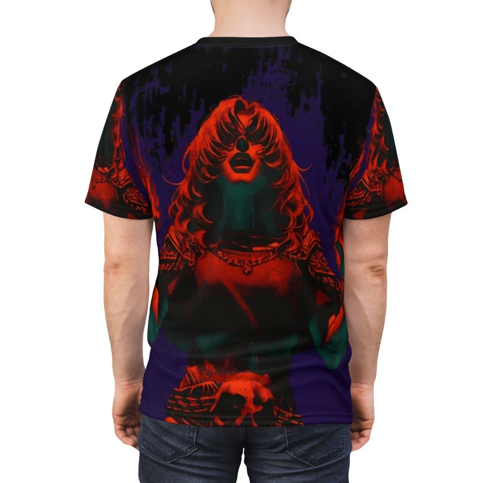 T-shirt featuring a fiery, fantastical voidstomper creature in a dark fantasy art style. - men back