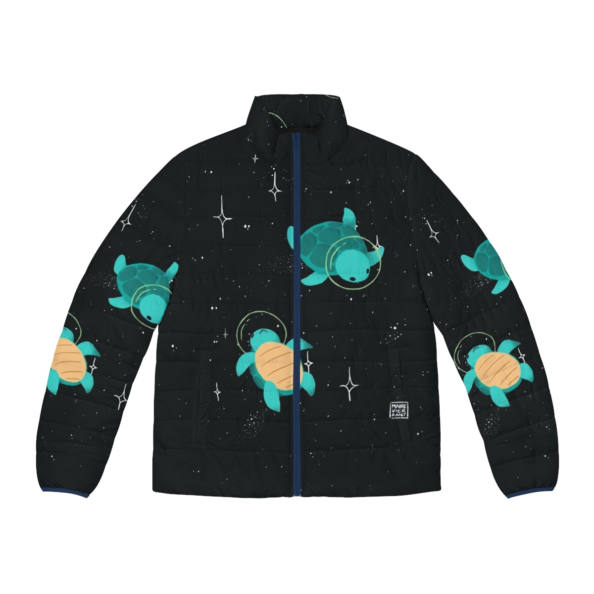 Adorable space turtle wearing a puffer jacket, ready for an intergalactic adventure