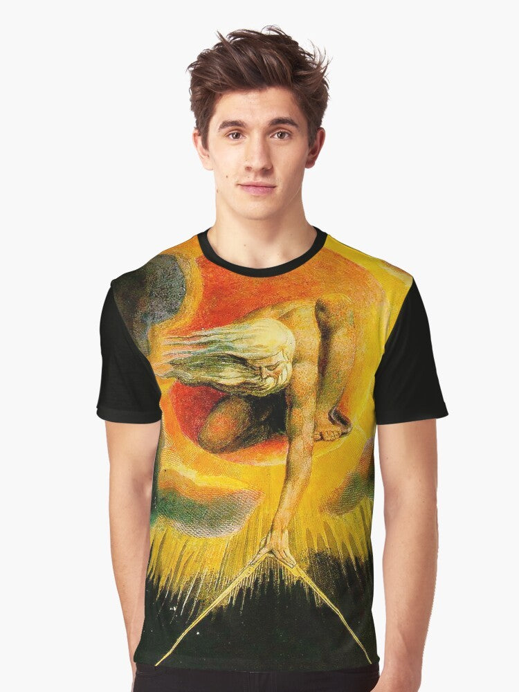 Graphic t-shirt featuring "The Ancient of Days" by William Blake, a mystical and surreal artwork depicting God the Creator. - Men