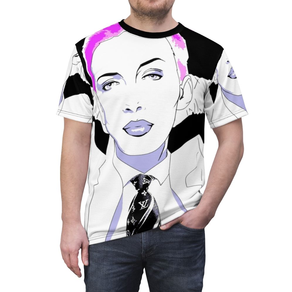 Vibrant purple AOP t-shirt with a retro pop art design featuring Annie Lennox, the iconic British singer and co-founder of the 80s band Eurythmics. - men front