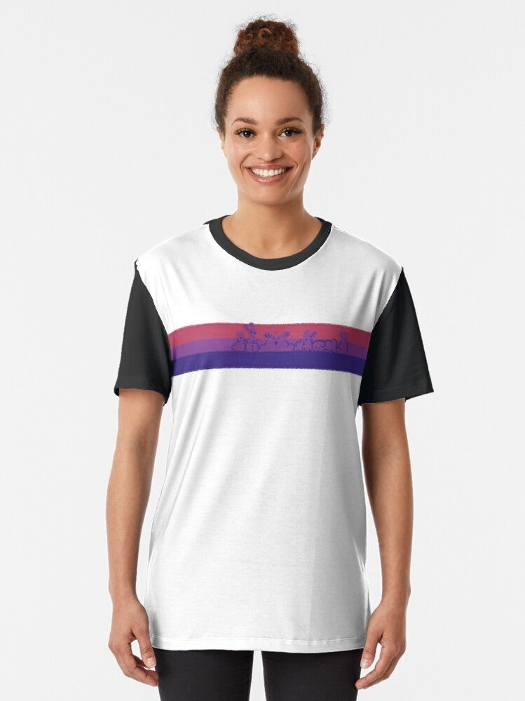 Bi pride graphic t-shirt featuring cute rabbits or bunnies in the bisexual pride flag colors. - Women