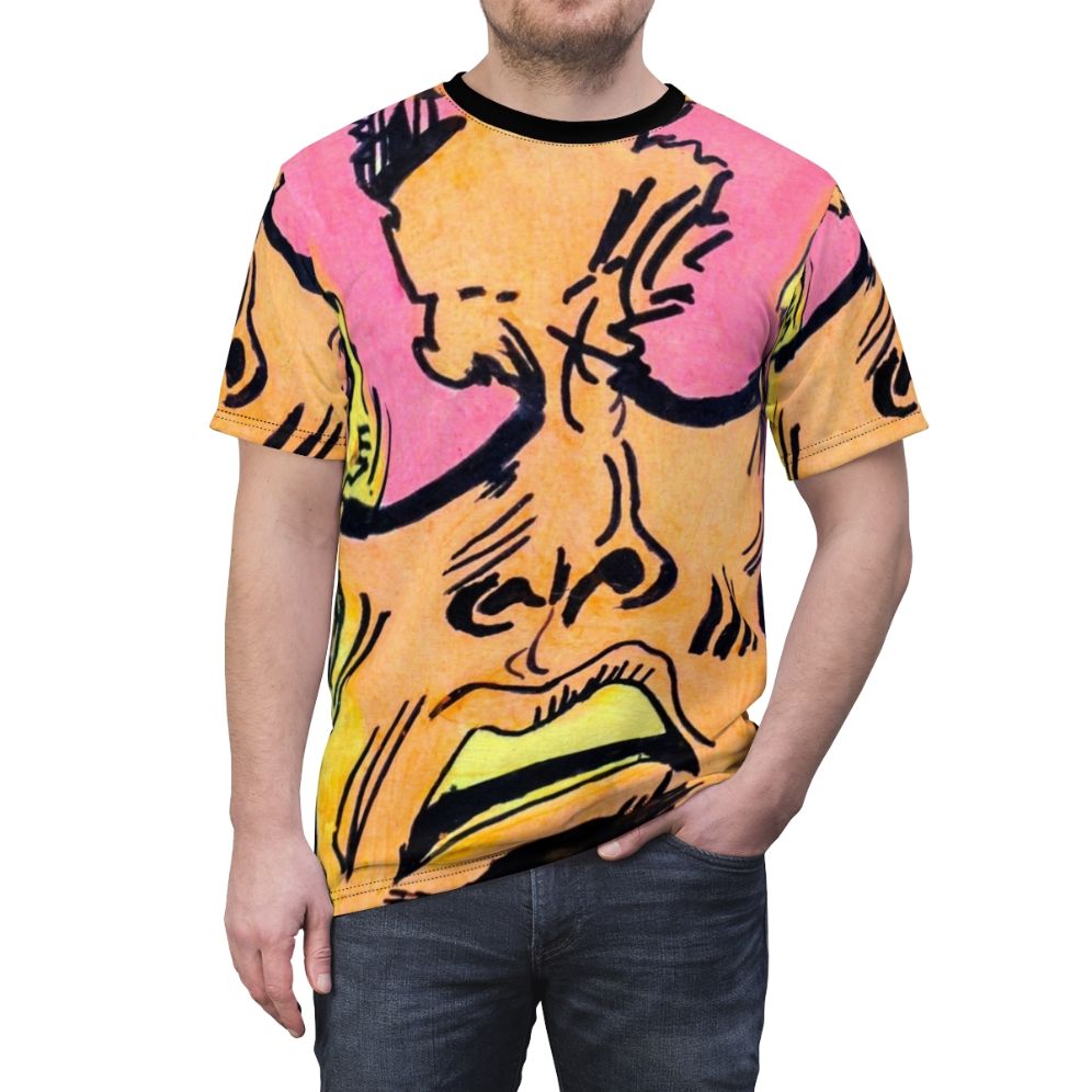 Vibrant T-shirt featuring a retro-style comic book-inspired portrait design with bold, expressive colors and characters. - men front