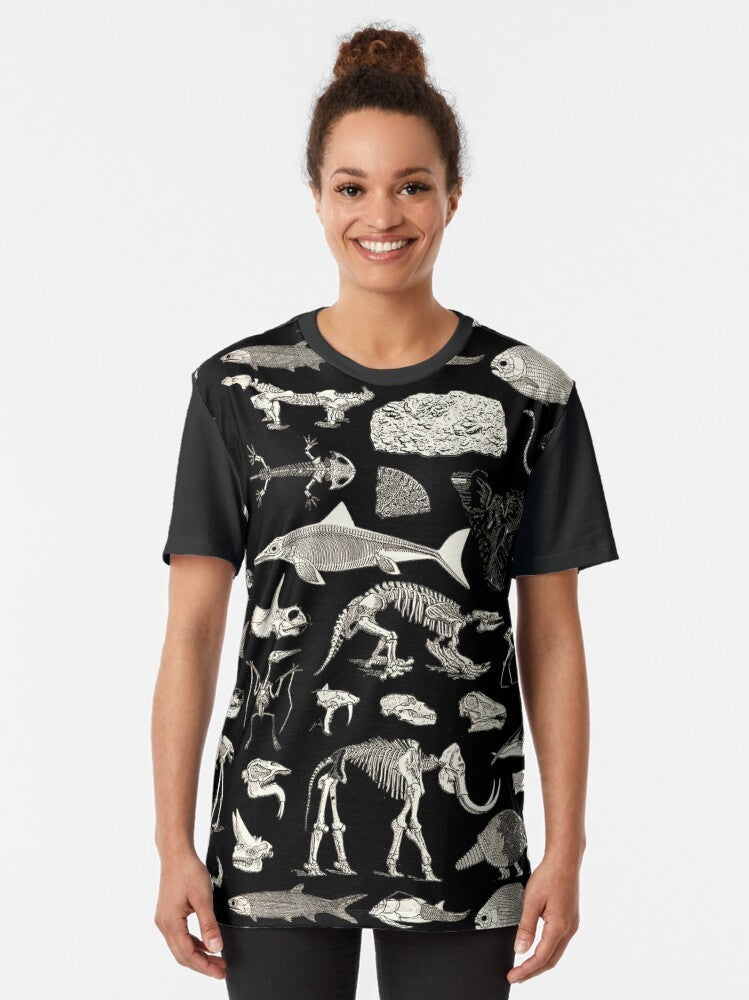 Paleontology illustration graphic t-shirt featuring dinosaur fossils, skeletons, and ancient archaeological symbols - Women