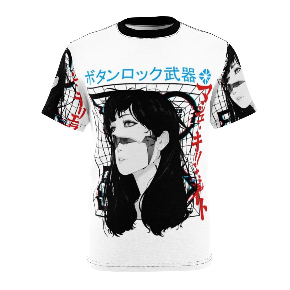 Cyberpunk-inspired t-shirt featuring a cyborg girl in a vaporwave urban style design