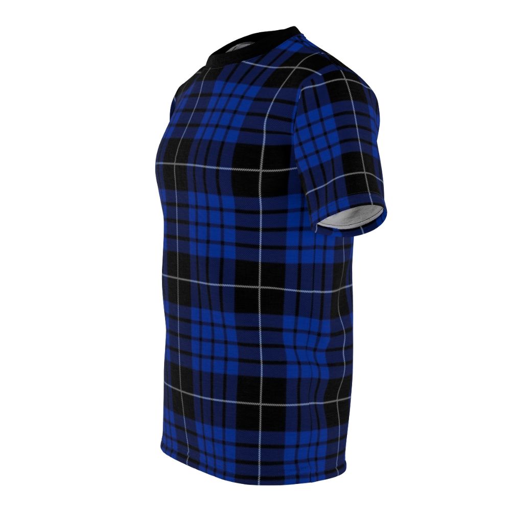 Model wearing a blue and black tartan plaid t-shirt with the Clan Macqueen tartan pattern - men left