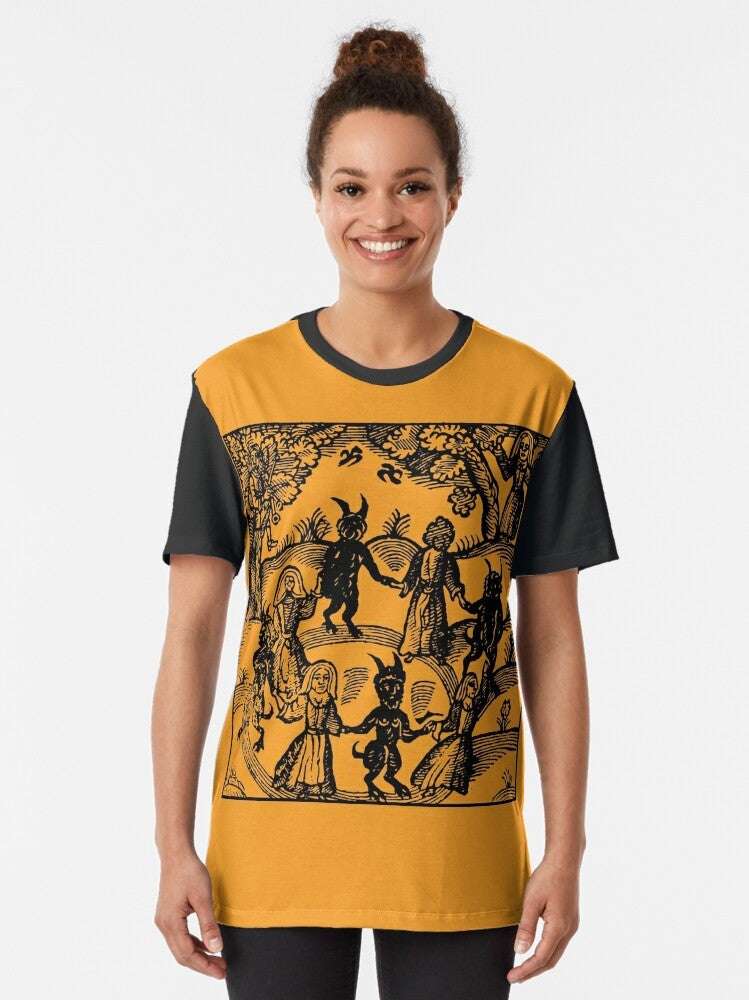 Magical "Dance with the Devil" graphic t-shirt featuring a goat, occult, and dancing skeleton design - Women